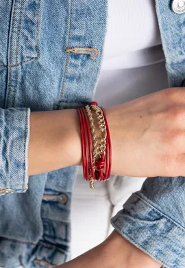 FIGL Bransoletka czerwona na pasku skórzanym przeplatana łańcuszkiem