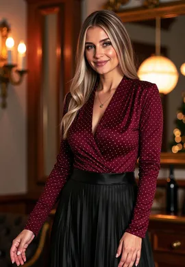 Bordowe body damskie - Bluzka z kryształkami - Body kopertowe M1080 rozmiar L/XL