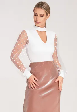 Białe body z długim rękawem - Body bluzka z półgolfem - M1081 rozmiar S/M