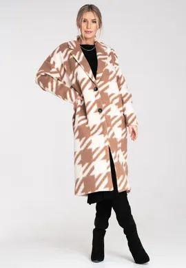 Płaszcz w pepitkę - Elegancki płaszcz damski - Beżowy płaszcz M1112 rozmiar Uniwersalny