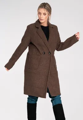 Płaszcz z bukli - Płaszcz boucle - Brązowy płaszcz damski M1113 rozmiar Uniwersalny