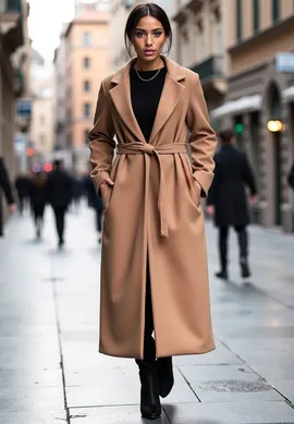 Płaszcz damski z paskiem - Klasyczny płaszcz damski - Beżowy płaszcz M1114 rozmiar S/M