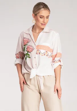 Koszula z kwiatem - Koszula damska oversize - Koszula boho damska M1120 Beż S/M