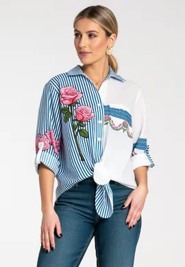 Koszula z kwiatem - Koszula damska oversize - Koszula boho damska M1120 Niebieski S/M