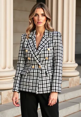 Marynarka w pepitkę - Żakiet w pepitkę - Marynarka dwurzędowa damska - Czarna marynarka M1130 L/XL