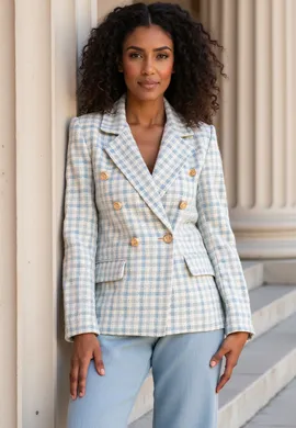 Marynarka w pepitkę - Żakiet w pepitkę - Marynarka dwurzędowa damska - Niebieska marynarka M1130 L/XL