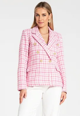 Marynarka w pepitkę - Żakiet w pepitkę - Marynarka dwurzędowa damska - Różowa marynarka M1130 S/M
