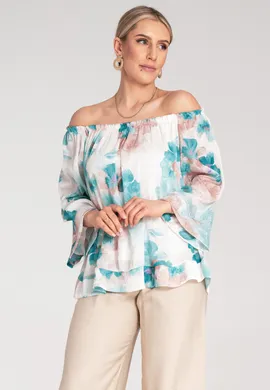 Bluzka hiszpanka w kwiaty - Bluzka z bufiastymi rękawami - Turkusowa bluzka M1142 r. S/M