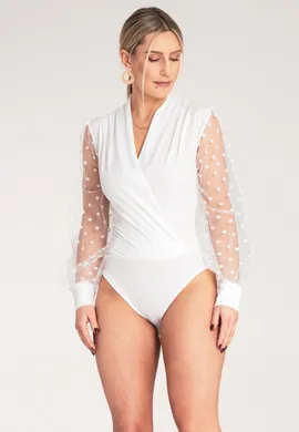 Kopertowe body damskie - Body damskie z długim rękawem - Biała bluzka body M1145 r. L/XL