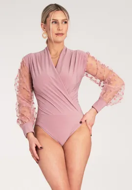 Kopertowe body damskie - Body damskie z długim rękawem - Różowa bluzka body M1145 r. S/M