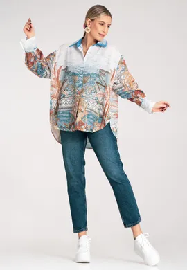 Luźna koszula damska oversize - Asymetryczna koszula - Niebieska koszula damska M1146 r. Uniwersalny