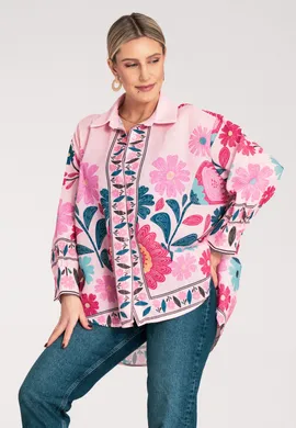 Koszula boho damska - Koszula damska w kwiaty - Różowa koszula damska M1147 r. L/XL