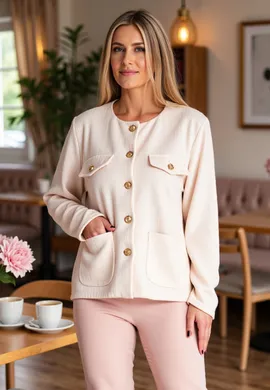 Żakiet chanelka - Tweedowa marynarka Żakiet  w kratkę - Beżowy żakiet M1150 r. S/M