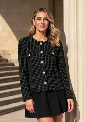 Żakiet chanelka - Tweedowa marynarka Żakiet  w kratkę - Czarny żakiet M1150 r. L/XL