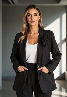 Marynarka z różą - Marynarka damska oversize - Czarna marynarka damska M1153 r. S/M