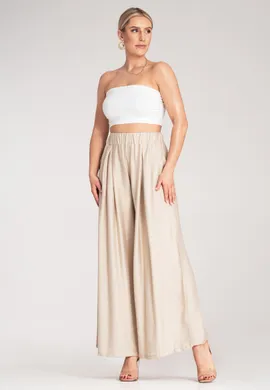 Szerokie spodnie z wysokim stanem - Letnie spodnie damskie - Beżowe spodnie M1158 r. Uniwersalny