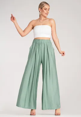 Szerokie spodnie z wysokim stanem - Letnie spodnie damskie - Miętowe spodnie M1158 r. Uniwersalny