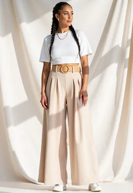 Spódnico-spodnie damskie - Spodnie z paskiem - Beżowe spodnie M1160 r. Uniwersalny