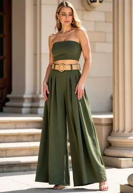 Spódnico-spodnie damskie - Spodnie z paskiem - Zielone spodnie M1160 r. Uniwersalny