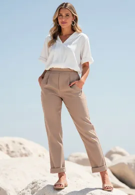 Proste spodnie damskie - Spodnie damskie z wysokim stanem - Spodnie beżowe M1161 r. S/M