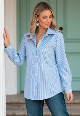 Koszula damska elegancka - Koszula damska w paski - Niebieska koszula M1174 r. S/M