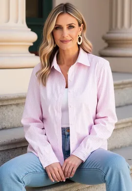 Koszula damska elegancka - Koszula damska w paski - Różowa koszula M1174 r. S/M