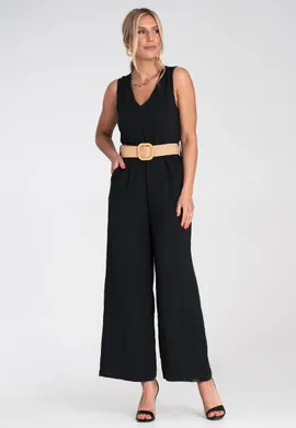 Kombinezon damski z szerokimi nogawkami - Kombinezon z paskiem - Czarny M1193 r. L/XL