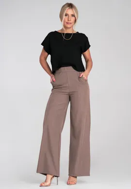 Szerokie spodnie z gumką w pasie - Garniturowe spodnie damskie - Brązowe M1197 r. S/M