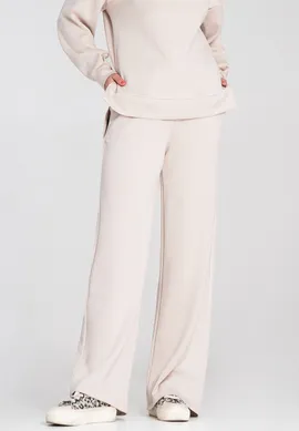 Szerokie spodnie dresowe damskie - Spodnie materiałowe dzwony - Beżowe M1204 r. L/XL