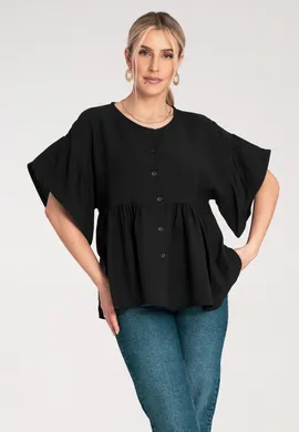 Bluzka z falbankami - Bluzka koszulowa damska - Czarna bluzka M1211 r. S/M