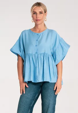 Bluzka z falbankami - Bluzka koszulowa damska - Niebieska bluzka M1211 r. S/M