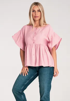 Bluzka z falbankami - Bluzka koszulowa damska - Różowa bluzka M1211 r. L/XL
