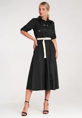 Sukienka z cyrkoniami - Koszulowa sukienka midi - Czarna sukienka M1215 r. S/M