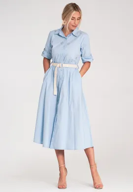 Sukienka z cyrkoniami - Koszulowa sukienka midi - Niebieska sukienka M1215 r. S/M