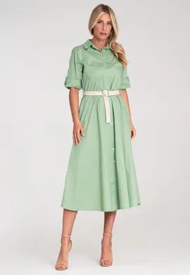 Sukienka z cyrkoniami - Koszulowa sukienka midi - Zielona sukienka M1215 r. S/M