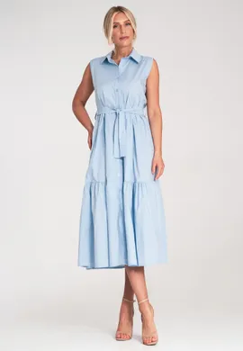 Elegancka sukienka z kołnierzykiem bez rękawów - Sukienka długa letnia - Niebieska M1216 r. S/M