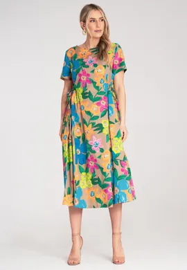 Elegancka sukienka w kwiaty midi - Sukienka z wiązaniem - Beżowa M1218 r. Uniwersalny