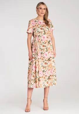 Elegancka sukienka w kwiaty midi - Sukienka z wiązaniem - Ecru M1218 r. Uniwersalny