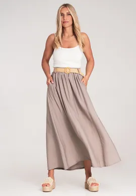 Długa zwiewna spódnica - Spódnica na gumce z paskiem - Beżowa M1221 r. L/XL