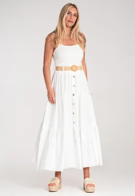 Spódnica z guzikami z przodu - Letnia spódnica maxi - Biała M1222 r. S/M