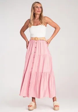 Spódnica z guzikami z przodu - Letnia spódnica maxi - Różowa M1222 r. S/M