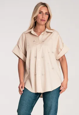 Koszula z cyrkoniami - Koszula z krótkim rękawem damska - Beżowa koszula M1226 r. L/XL