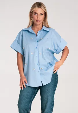 Koszula z cyrkoniami - Koszula z krótkim rękawem damska - Niebieska koszula M1226 r. L/XL