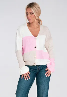 Ciepły kardigan damski - Kardigan damski krótki - Beżowy kardigan M1245 r. L