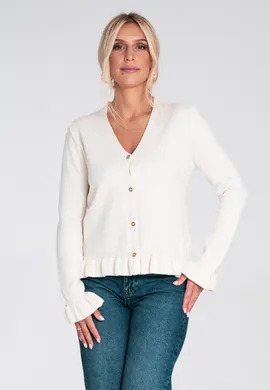 Krótki sweter damski - Kardigan z ozdobnymi guzikami - Biały sweter ecru M1247 r. XL