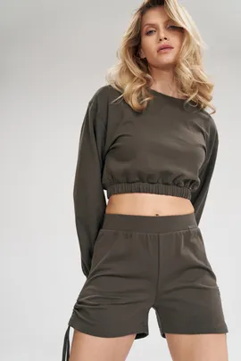 Krótkie spodenki bawełniane damskie - sportowe spodenki damskie oliwkowe M783 rozmiar S