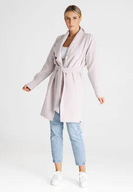 Płaszcz elegancki damski z paskiem beżowy M990 rozmiar XS